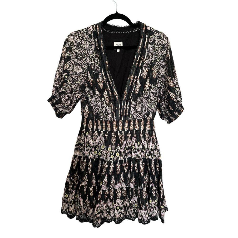 HEMANT & NANDITA Boho Paisley Ikat Embroidered Deep V-Neck Mini Dress Black SZ M